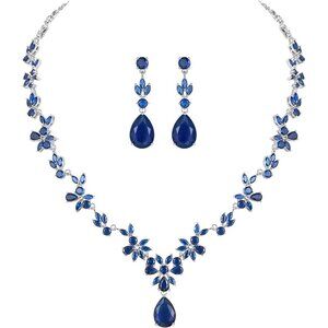 🆕Women Blue Jewelry Set Necklace Dangle Earrings Bracelet Set Cubic Jewelry